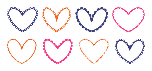 Valentine Scalloped edge heart shapes set. hand drawn vintage frill ornament. Fabric laces and ribbons frame. Heart shape frame badge set.