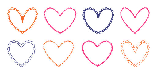 Valentine Scalloped edge heart shapes set. hand drawn vintage frill ornament. Fabric laces and ribbons frame. Heart shape frame badge set.