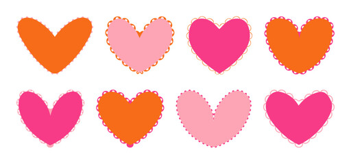 Valentine Scalloped edge heart shapes set. hand drawn vintage frill ornament. Fabric laces and ribbons frame. Heart shape frame badge set.