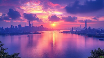 Naklejka premium A vibrant sunset over a city skyline reflecting on water, showcasing nature and urban life.