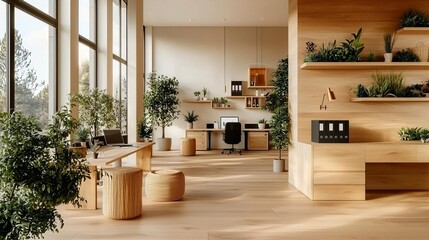 Biophilic design urban minimalism concept. Modern interior featuring wooden elements and greenery in a bright, spacious setting.