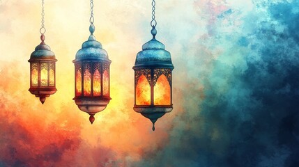 Obraz premium Eid ul Fitr lantern illuminated with soft light, painted in a delicate watercolor style, symbolizing the celebration of the Islamic holiday, bringing joy, spirituality, and tradition to the occasion.