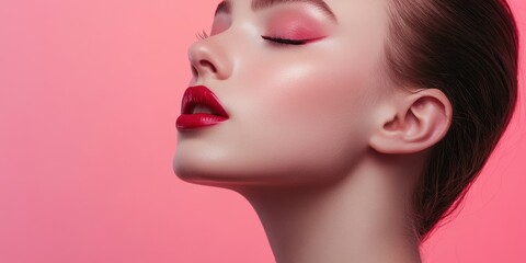 A beauty model displays a striking makeup look featuring bright pink eyeshadow and bold red lipstick on a soft pink background, highlighting her features
