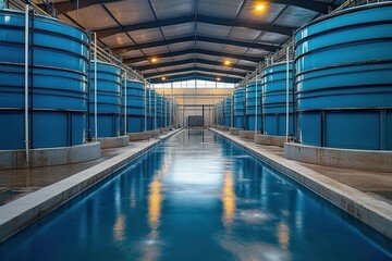 Fototapeta premium Fresh Nile Tilapia Fish Swimming in Vibrant Water Tanks in Fish Farming Facility