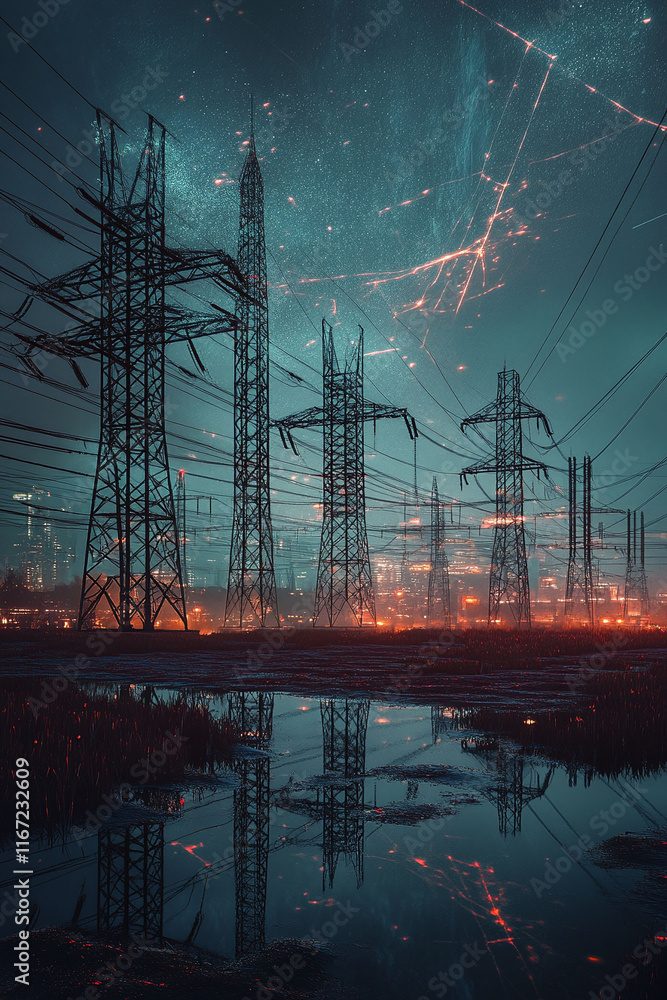 Poster nighttime visualization of high-voltage grids with energy flow simulations.