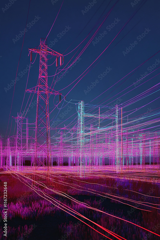 Poster nighttime visualization of high-voltage grids with energy flow simulations.