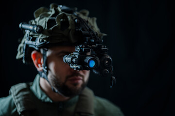 A military man using modern binocular system night vision in the darkness. Close up photo.
