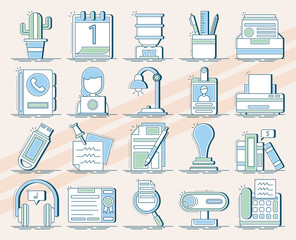Set of vector icons related to office work including desks computers and office supplies
