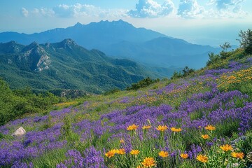 Obraz premium breathtaking mountain landscape showcasing vast ranges under a clear blue sky dotted with blooming grasslands exuding tranquility and the beauty of nature in full spring bloom