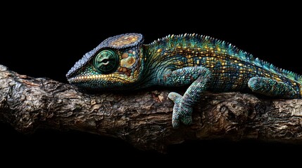Fototapeta premium Vibrant Chameleon Resting on Dark Wood Branch