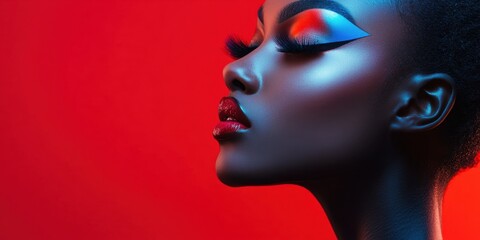 A model poses sleekly with dramatic makeup featuring vivid colors and defined lashes, illuminated by bright red lighting, showcasing artistic flair and style