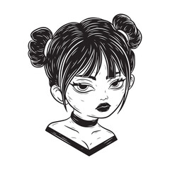 illustration art girl with pig tail bun and engraving monochrome style tattoo and t-shirt design