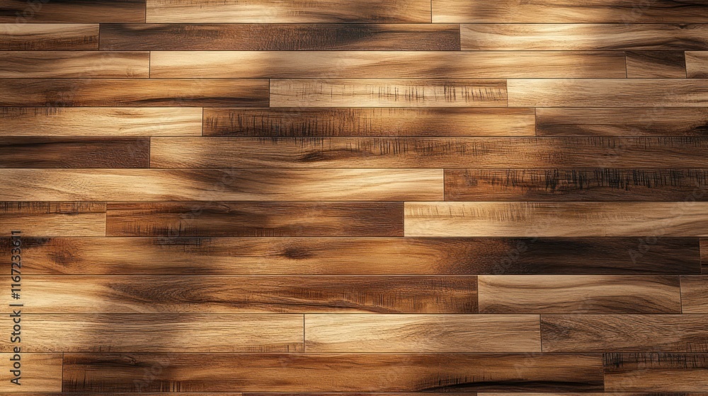Poster hyper-realistic wooden floor texture close-up with intricate grain patterns and warm sunlight