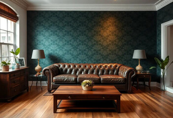 Elegant living room with a brown leather chesterfield sofa, dark green patterned wallpaper, and hardwood floors. Two lamps and side tables complete the scene.