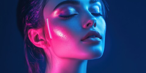 Fototapeta premium Model displays vibrant makeup under striking neon lights, showcasing artistic beauty and contemporary fashion in an elegant, modern setting