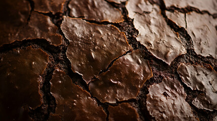 A macro view of a cracked chocolate surface, highlighting the shiny, rich texture and intricate cracks. Perfect for showcasing the artisanal detail of baked chocolate desserts.