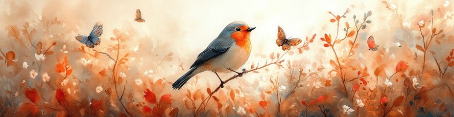 Obraz premium Watercolor Birds and Butterflies in Whimsical Woodland Scene with Soft Pastels and Natural Sunlight