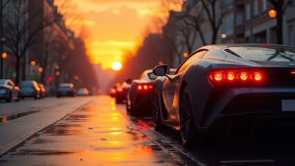 Obraz premium Golden Hour Supercar Lineup: Urban Reflections