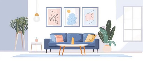 Interior of light living room with sofa, table and posters