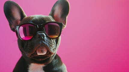 French Bulldog Wearing Sunglasses Against Pink Background