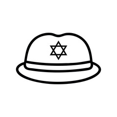 Black line Jewish kippah with star of david icon. Simple Line Art of a Fedora Hat with a Star of David. Jewish yarmulke hat. Vector.
