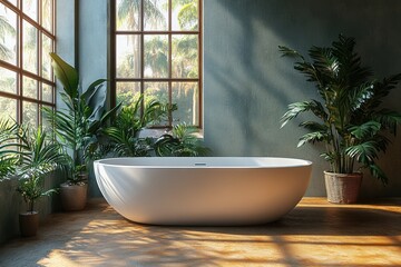 Fototapeta premium Relaxed black woman enjoying a foamy bath in a modern bathtub with tropical plants at home smiling at the camera