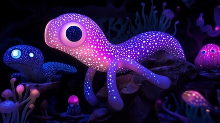 Glowing creature in a dark, bioluminescent underwater scene.