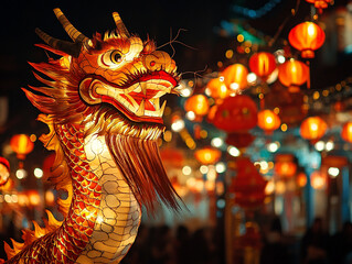 Fototapeta premium Colorful dragon lantern amidst festive lights at night