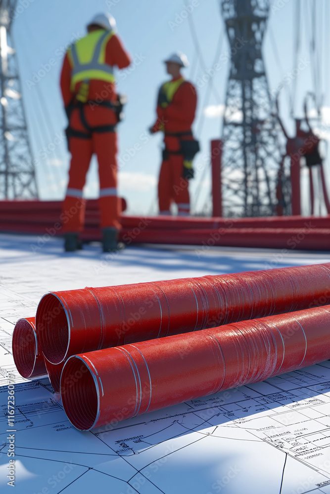Poster realistic 3d render of high-voltage cables during installation combined with technical diagrams.