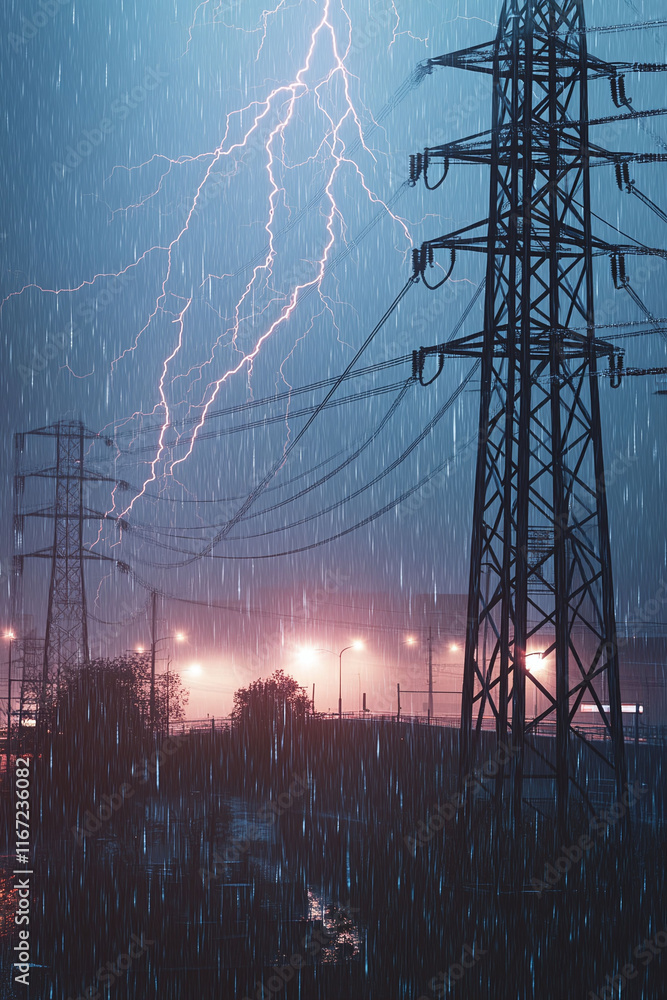 Poster rendering of a high-voltage power pole network during heavy rain with lightning protection schematic