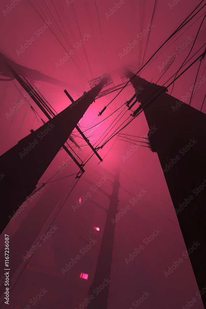 Poster rendering of high-voltage power towers during twilight glowing faintly with energy.