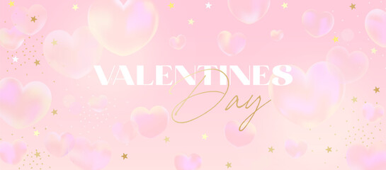 Romantic pink Valentine’s Day banner with soft hearts, golden stars, and pastel gradients for cards, invitations, or love-themed designs