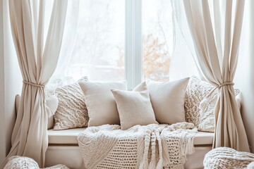 This cozy home ideas scene features a plush window seat adorned with soft pillows and a blanket, creating a warm interior of house atmosphere.