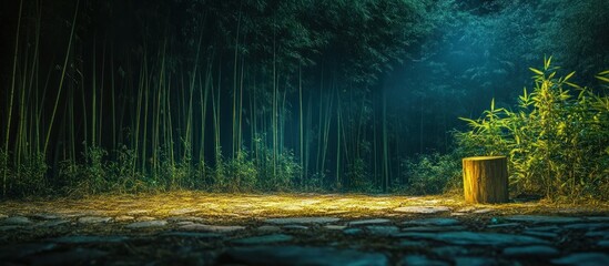 Enchanting bamboo forest pathway winding through a lush verdant woodland landscape creating a serene and mystical atmosphere  This tranquil