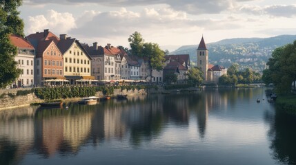 Fototapeta premium A bright sunny morning in a quaint village 