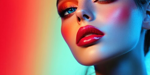 Vibrant colors enhance the features of a model showcasing bold makeup with striking lip shades and dramatic eye designs, set against an artistic backdrop