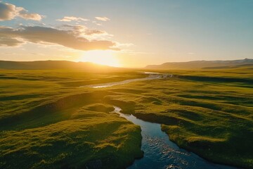 beautiful view of Godafoss Waterfall during sunset in Iceland with green grass and blue sky, natural landscape background. Long exposure. Aerial photography by drone. High resolution. Image for advert