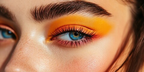 Obraz premium Close-up of an eye showcasing bright orange and yellow eyeshadow, perfectly contrasted by deep blue eyes, highlighting trendy makeup artistry in soft lighting