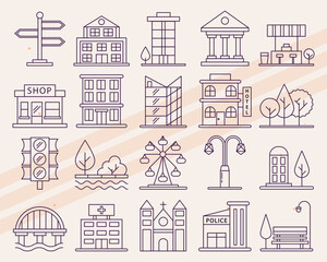 Additional vector icons of city elements such as skyscrapers and parks
