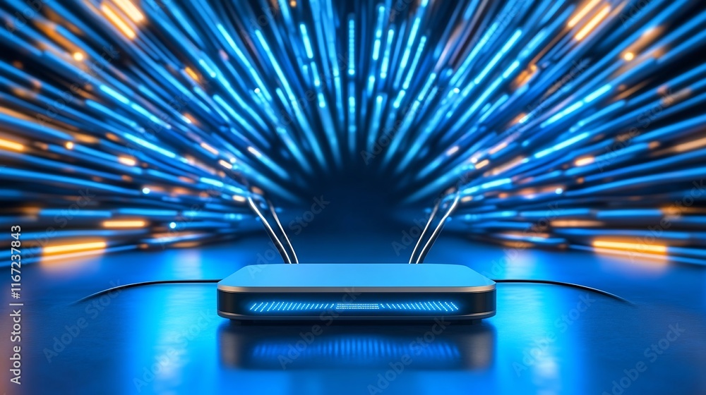 Poster futuristic wi-fi router transmitting high-speed data through glowing blue lights and abstract