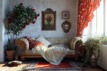 Sunlit Vintage Living Room Interior with Antique Sofa and Roses