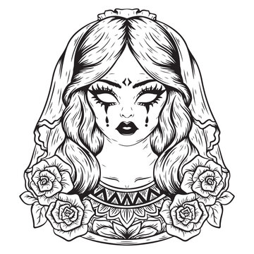 illustration art girl in bride dress with flower engraving ornament tattoo and tshirt design