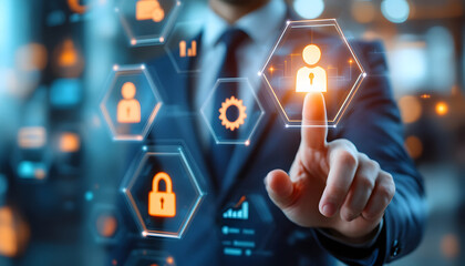 Cybersecurity, Finger Touching Security Icon, Data Protection, User Authentication Interface, Online Security, Access Control Technology