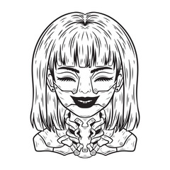 illustration art girl robot in engraving style tattoo and t-shirt design vector premium