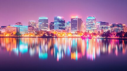 Naklejka premium Captivating Cityscape:Illuminated Skyscrapers Reflecting on the Glittering Nightscape