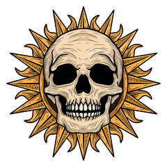 illustration art skull with sun engraving sun frame ornament tattoo and t-shirt design