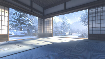 A serene Japanese interior with a frosty winter landscape seen through shoji panels, pale blue lighting cascading through the windows, snow softly gathering outside