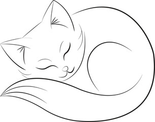 Sleeping white cat flat monochrome isolated vector object. Hand draw cat line art.
