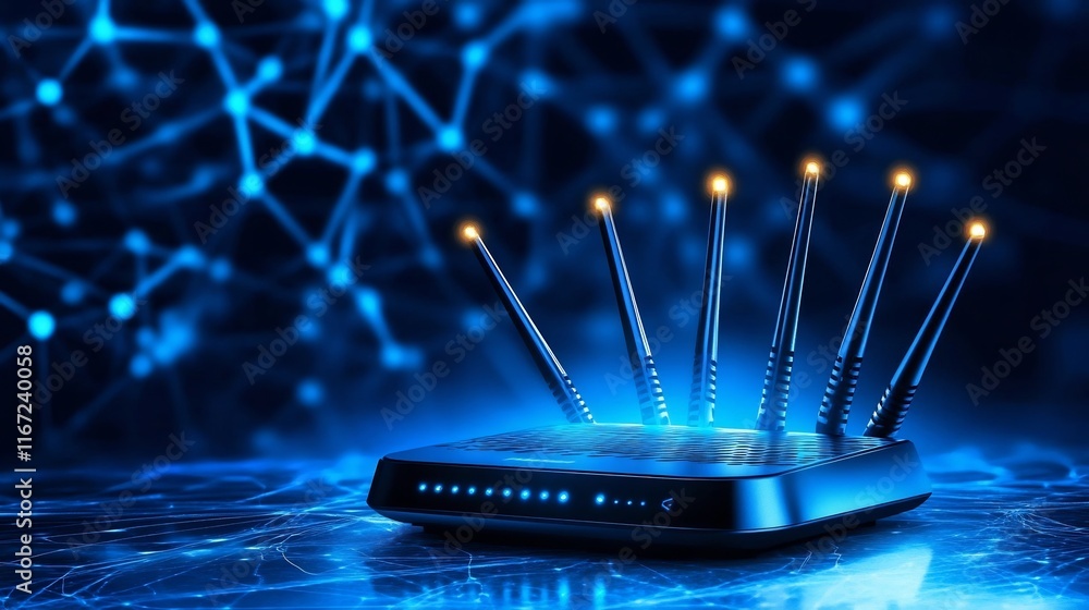 Poster powerful wi-fi router with illuminated antenna array and dynamic blue lighting against dark