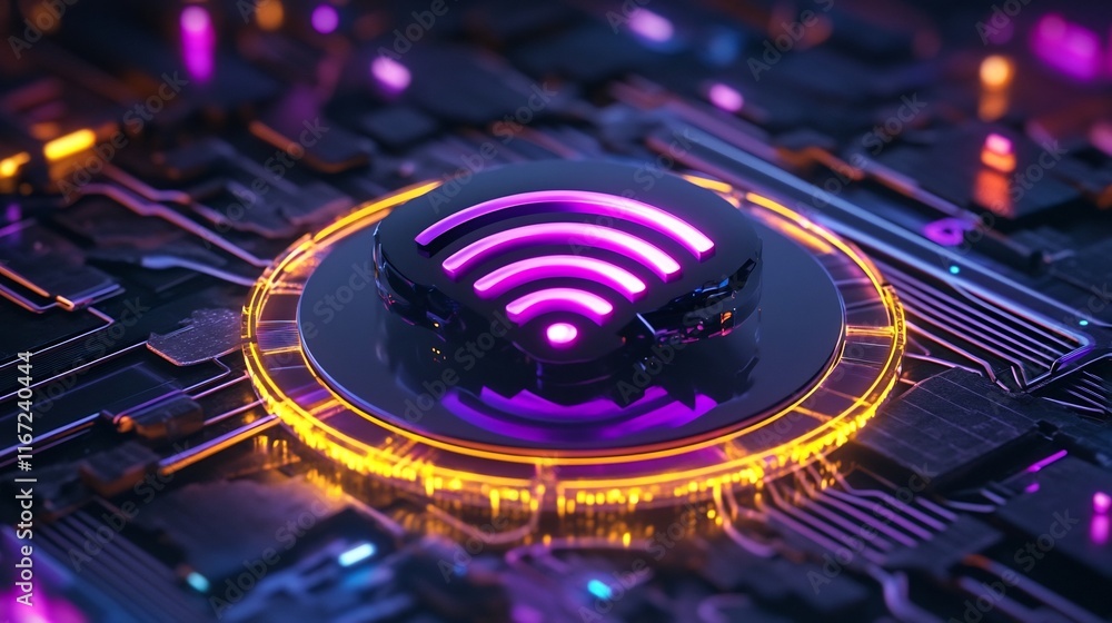 Poster futuristic 3d wi-fi 7 logo floating in vibrant digital space with neon data streams